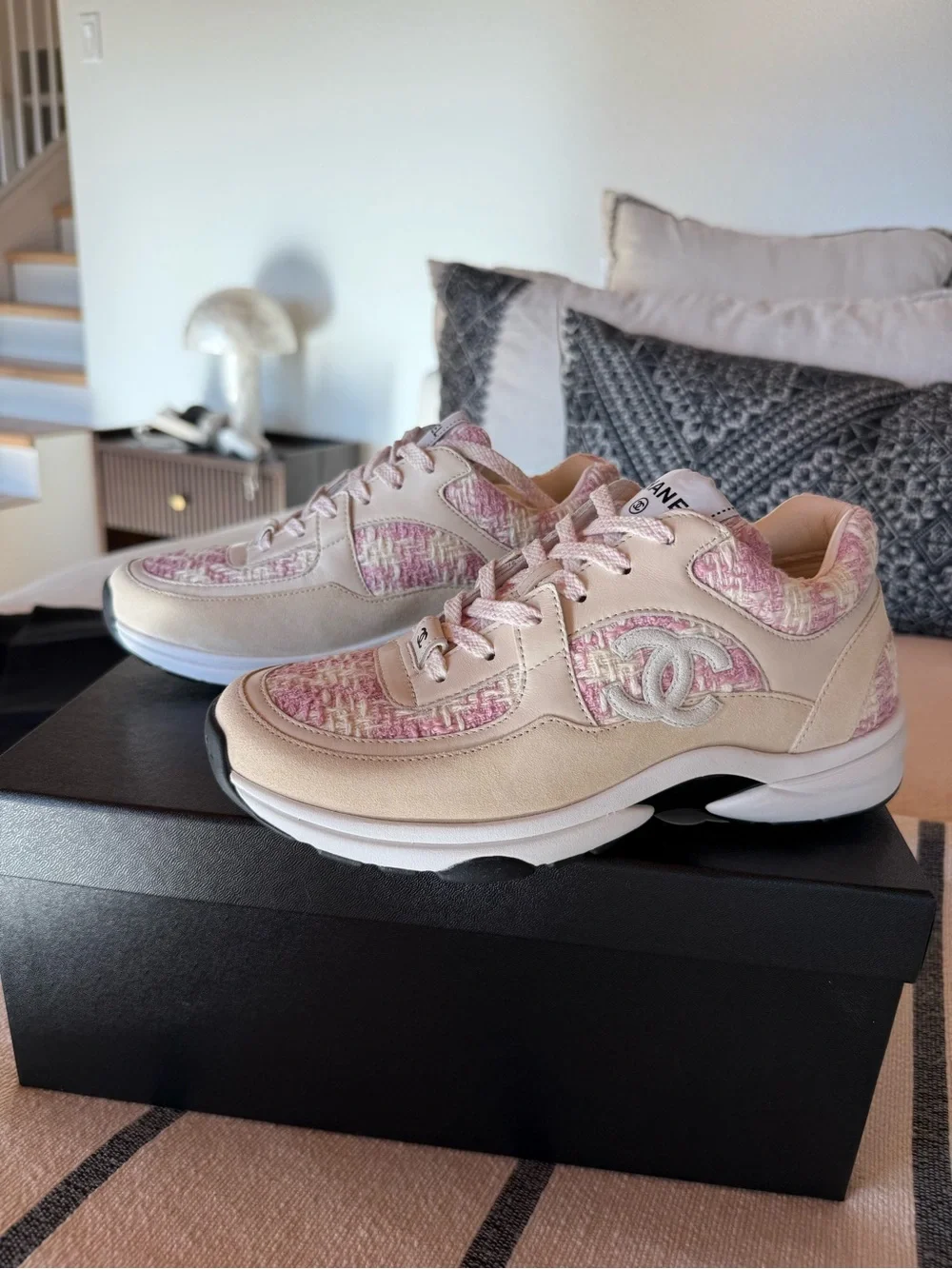 CHANEL Beige Suede & Pink Tweed Women's Sneakers